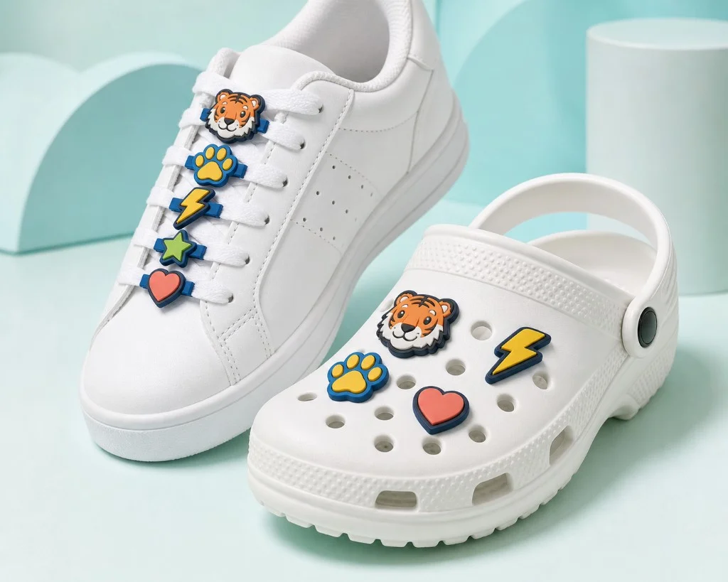 Custom shoe charms on white sneaker laces and clog